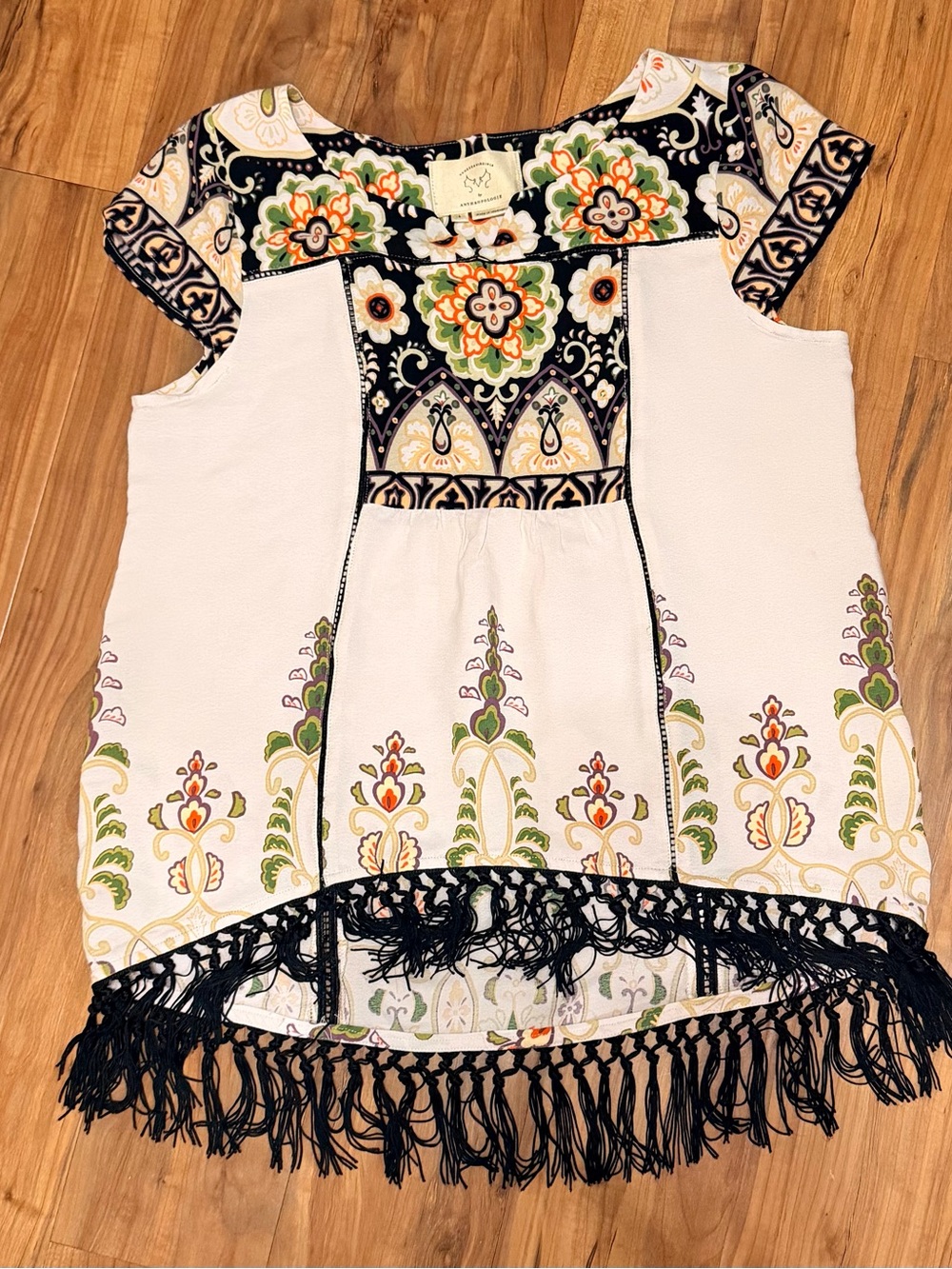 Anthropologie Boho Floral Women's Top - Black & Cream, Fringe hem